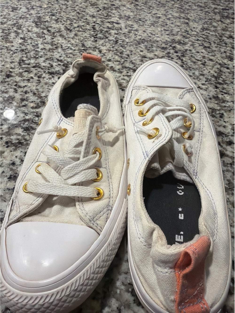 Converse White Canvas Slip-On Sneakers with Gold Eyelets Size 7